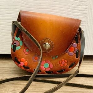 Vintage Hand Tooled Leather Floral Crossbody Bag Mini